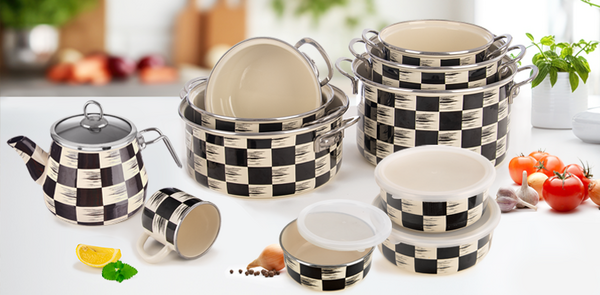 KOLEKCE SMALTOVANÉHO NÁDOBÍ ŠACHOVNICE