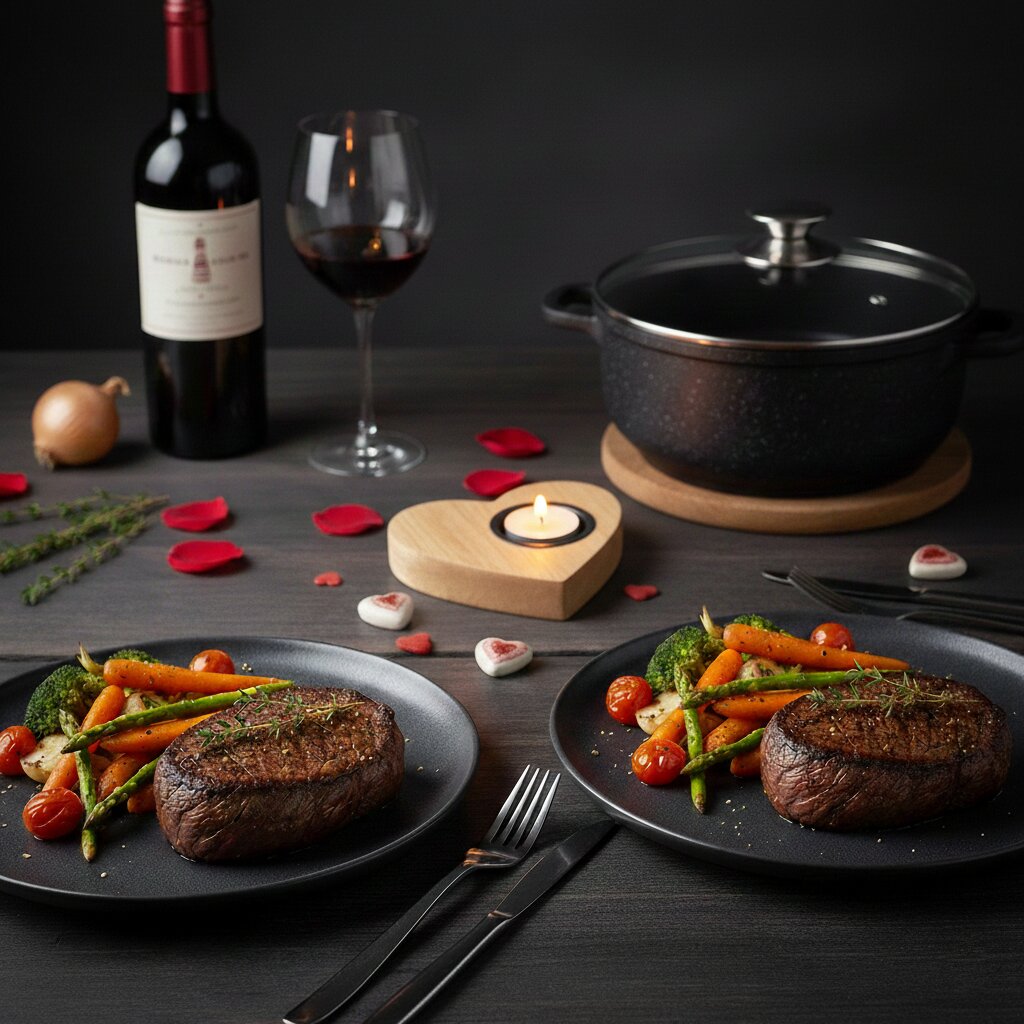 Dvě porce hovězího bifteku se zeleninou na valentýnsky protřeném stole