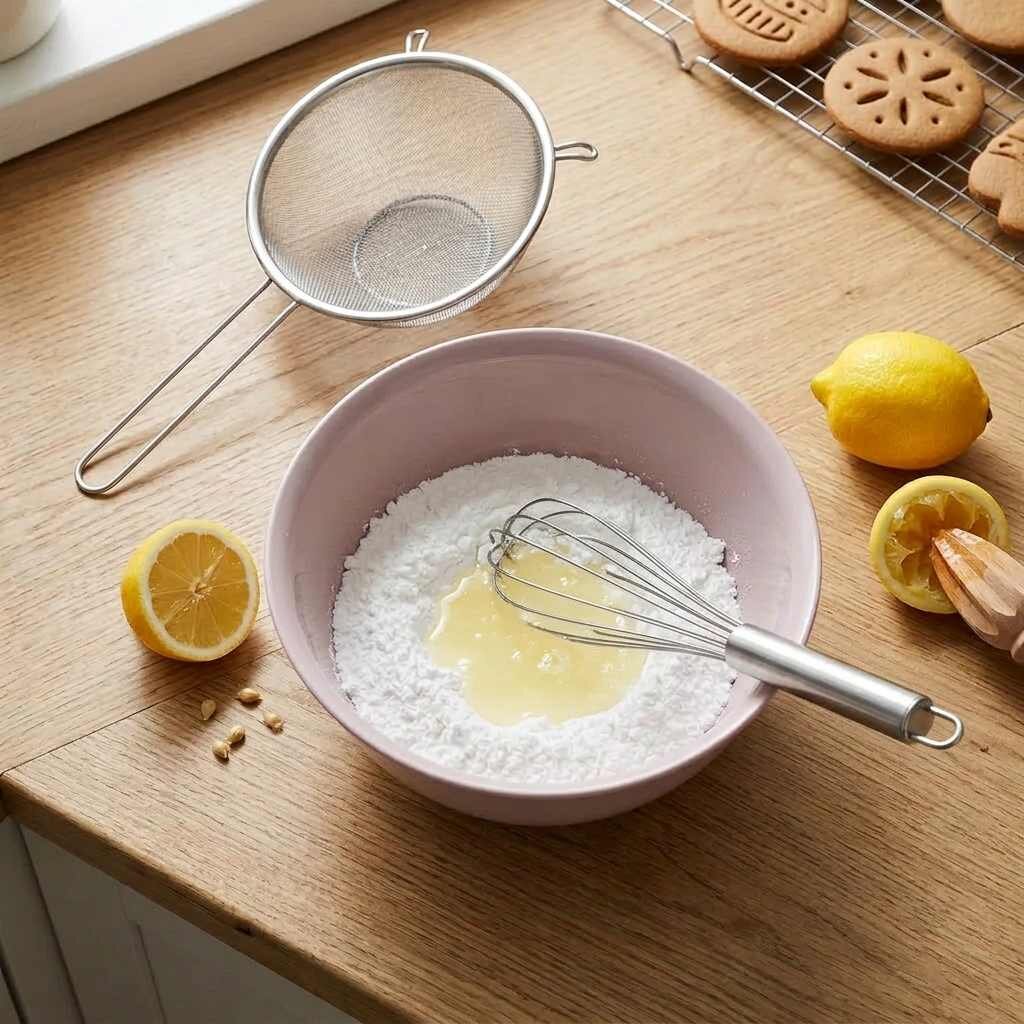 Mísa s moučkovým cukrem a citronovou šťávou, cední a citrony v pozadí