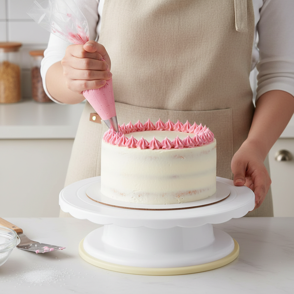 žena zdobící dort pomocí zdobičky s cukrářskou špičkou
